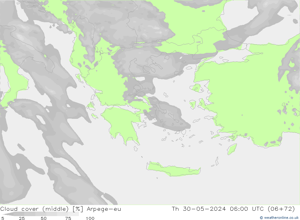 Cloud cover (middle) Arpege-eu Th 30.05.2024 06 UTC