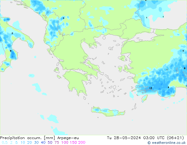 Precipitation accum. Arpege-eu Tu 28.05.2024 03 UTC