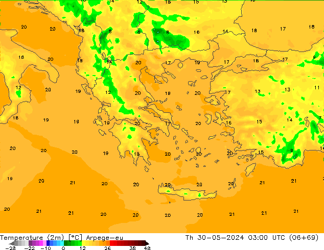 Temperatura (2m) Arpege-eu gio 30.05.2024 03 UTC