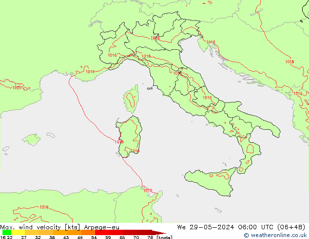 Max. wind velocity Arpege-eu We 29.05.2024 06 UTC