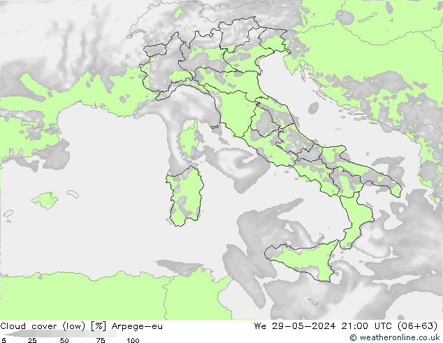 Cloud cover (low) Arpege-eu We 29.05.2024 21 UTC