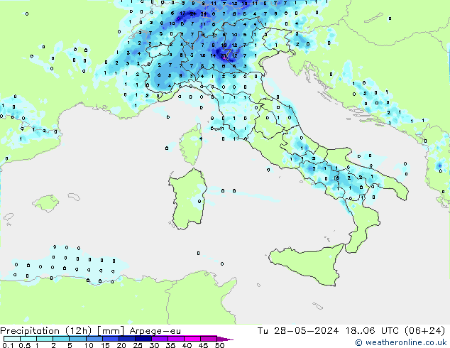 Totale neerslag (12h) Arpege-eu di 28.05.2024 06 UTC