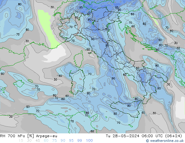 RH 700 hPa Arpege-eu Tu 28.05.2024 06 UTC