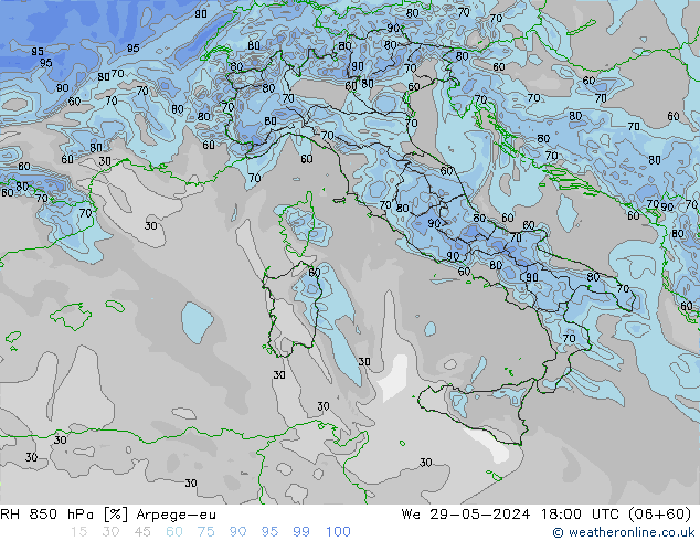 RH 850 hPa Arpege-eu We 29.05.2024 18 UTC