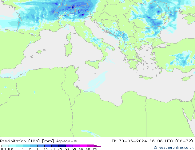 Precipitación (12h) Arpege-eu jue 30.05.2024 06 UTC