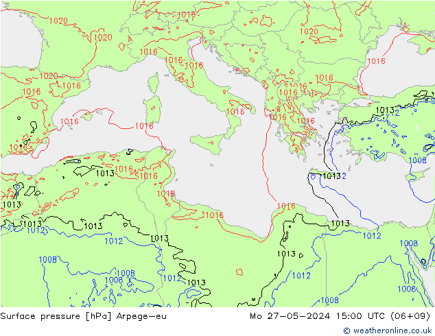 Surface pressure Arpege-eu Mo 27.05.2024 15 UTC