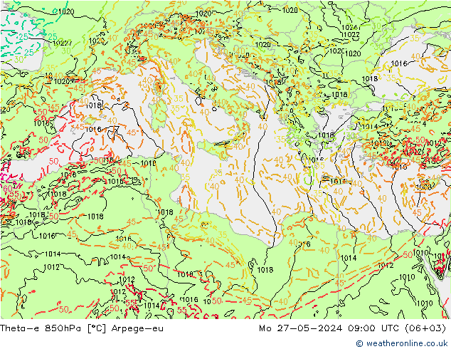 Theta-e 850hPa Arpege-eu lun 27.05.2024 09 UTC