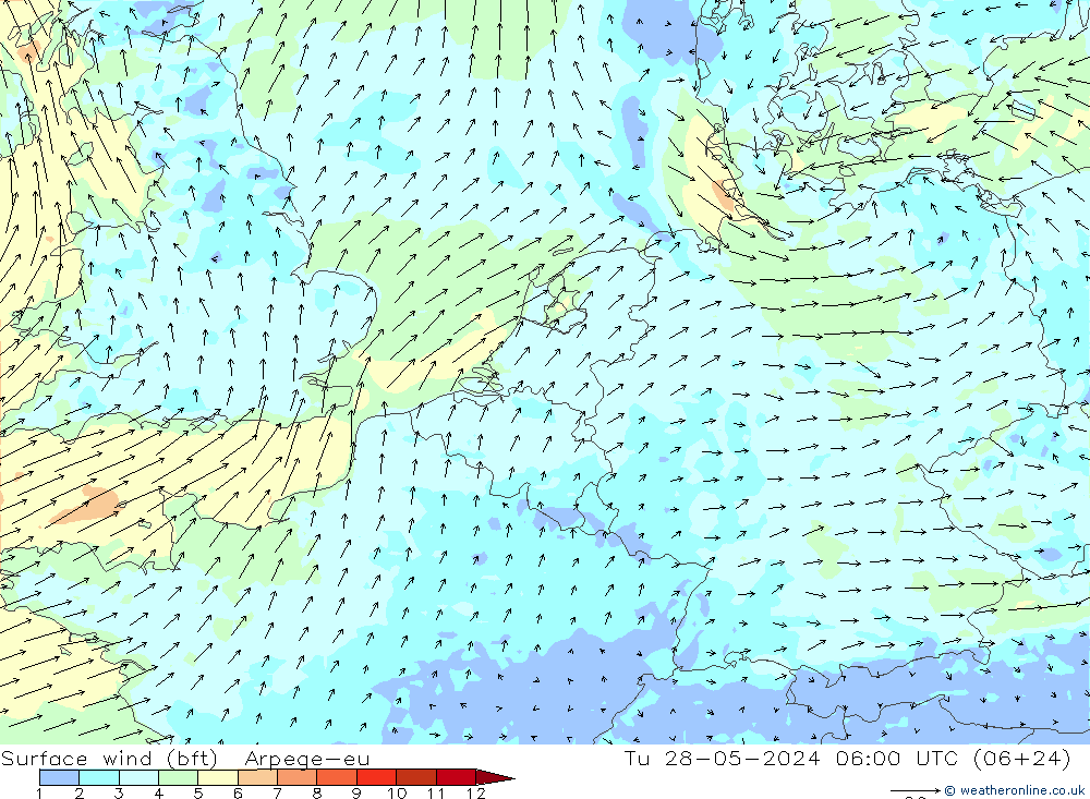 ве�Bе�@ 10 m (bft) Arpege-eu вт 28.05.2024 06 UTC