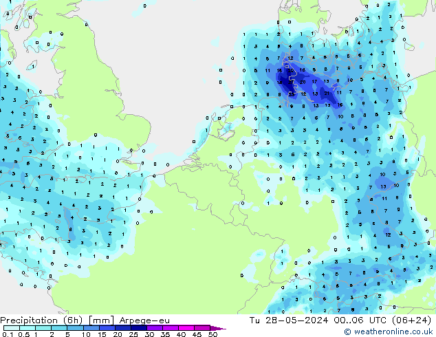 Precipitation (6h) Arpege-eu Út 28.05.2024 06 UTC