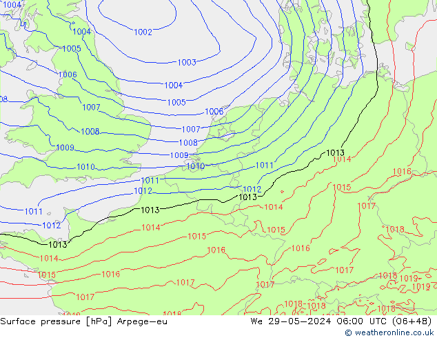 Pressione al suolo Arpege-eu mer 29.05.2024 06 UTC