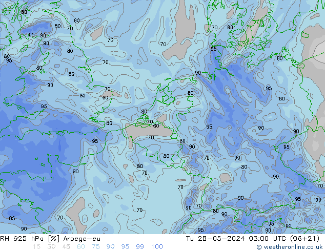 Humedad rel. 925hPa Arpege-eu mar 28.05.2024 03 UTC