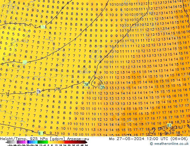 Yükseklik/Sıc. 925 hPa Arpege-eu Pzt 27.05.2024 12 UTC