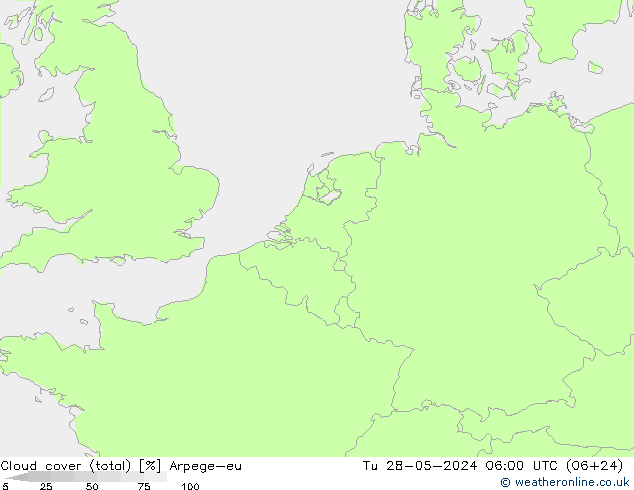 Cloud cover (total) Arpege-eu Út 28.05.2024 06 UTC