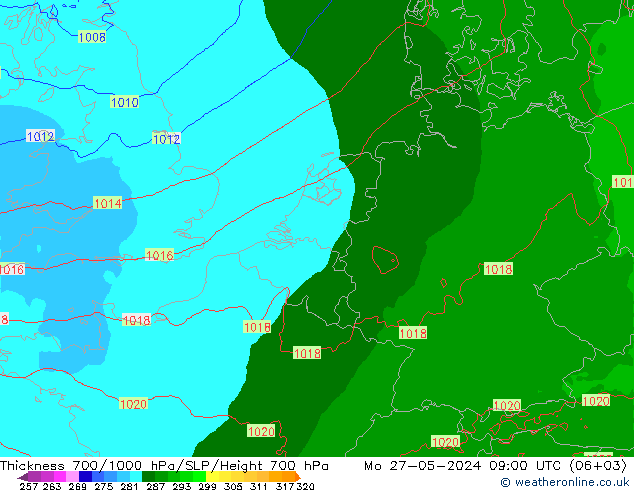 Thck 700-1000 hPa Arpege-eu lun 27.05.2024 09 UTC