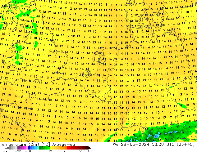 Temperatuurkaart (2m) Arpege-eu wo 29.05.2024 06 UTC