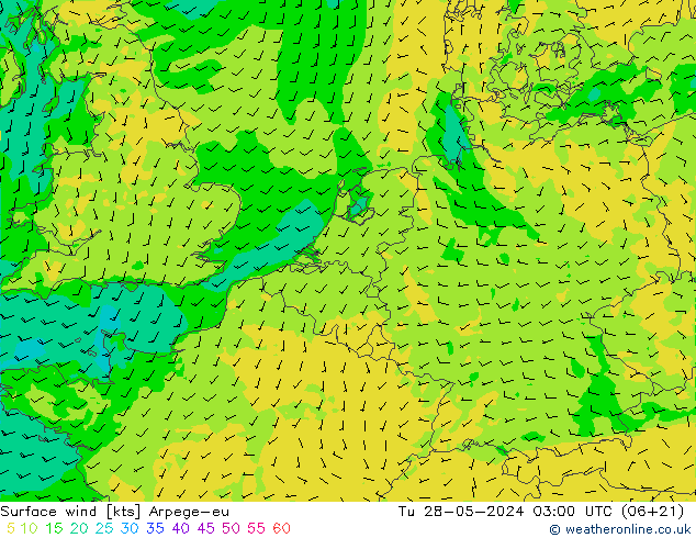 Vento 10 m Arpege-eu mar 28.05.2024 03 UTC