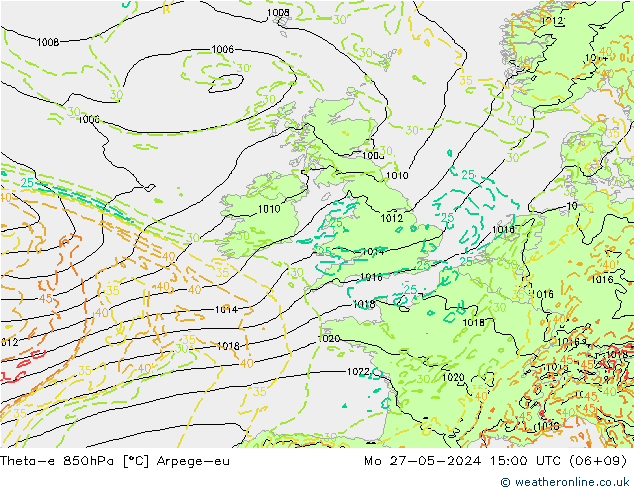 Theta-e 850hPa Arpege-eu pon. 27.05.2024 15 UTC