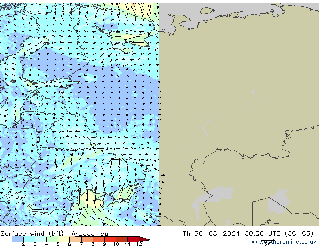 Vento 10 m (bft) Arpege-eu gio 30.05.2024 00 UTC