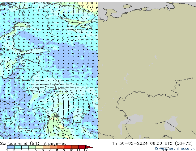 Bodenwind (bft) Arpege-eu Do 30.05.2024 06 UTC