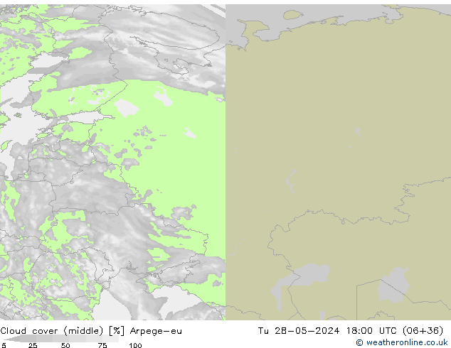 Cloud cover (middle) Arpege-eu Tu 28.05.2024 18 UTC