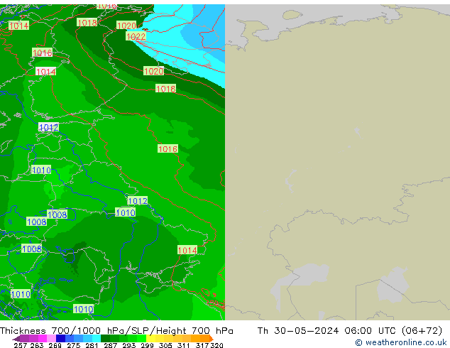 700-1000 hPa Kalınlığı Arpege-eu Per 30.05.2024 06 UTC