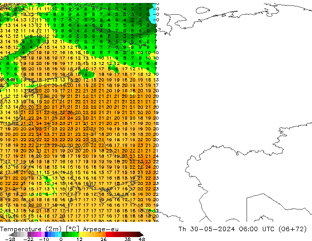 Temperaturkarte (2m) Arpege-eu Do 30.05.2024 06 UTC