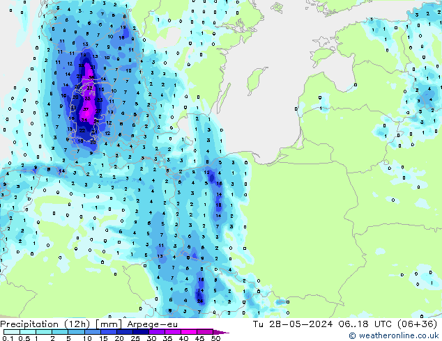 Totale neerslag (12h) Arpege-eu di 28.05.2024 18 UTC