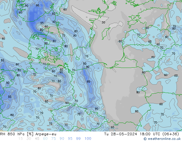 RH 850 hPa Arpege-eu Tu 28.05.2024 18 UTC