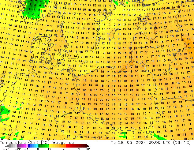 Temperature (2m) Arpege-eu Tu 28.05.2024 00 UTC