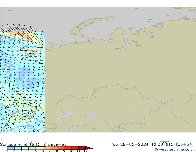 Viento 10 m (bft) Arpege-eu mié 29.05.2024 12 UTC