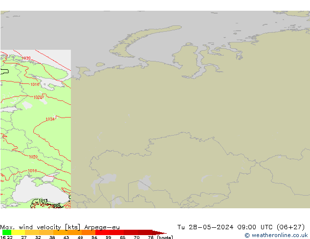 Max. wind velocity Arpege-eu Tu 28.05.2024 09 UTC