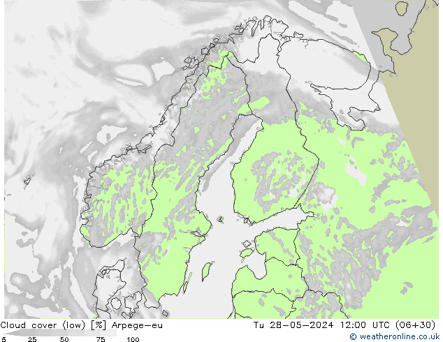 Cloud cover (low) Arpege-eu Tu 28.05.2024 12 UTC