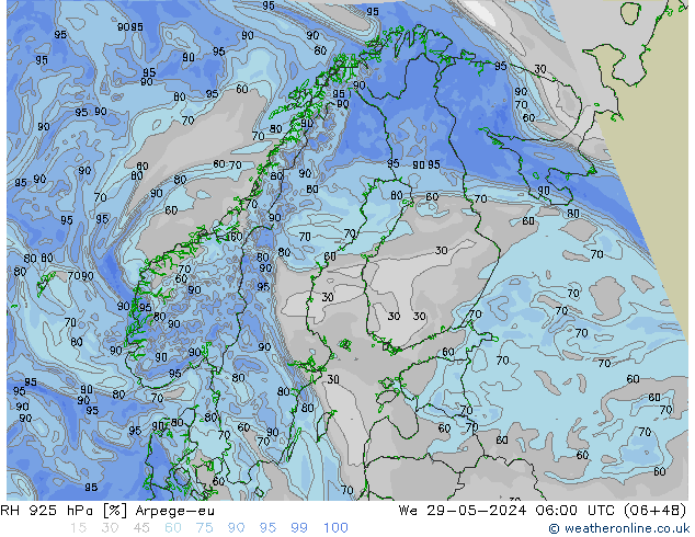 RH 925 hPa Arpege-eu Qua 29.05.2024 06 UTC