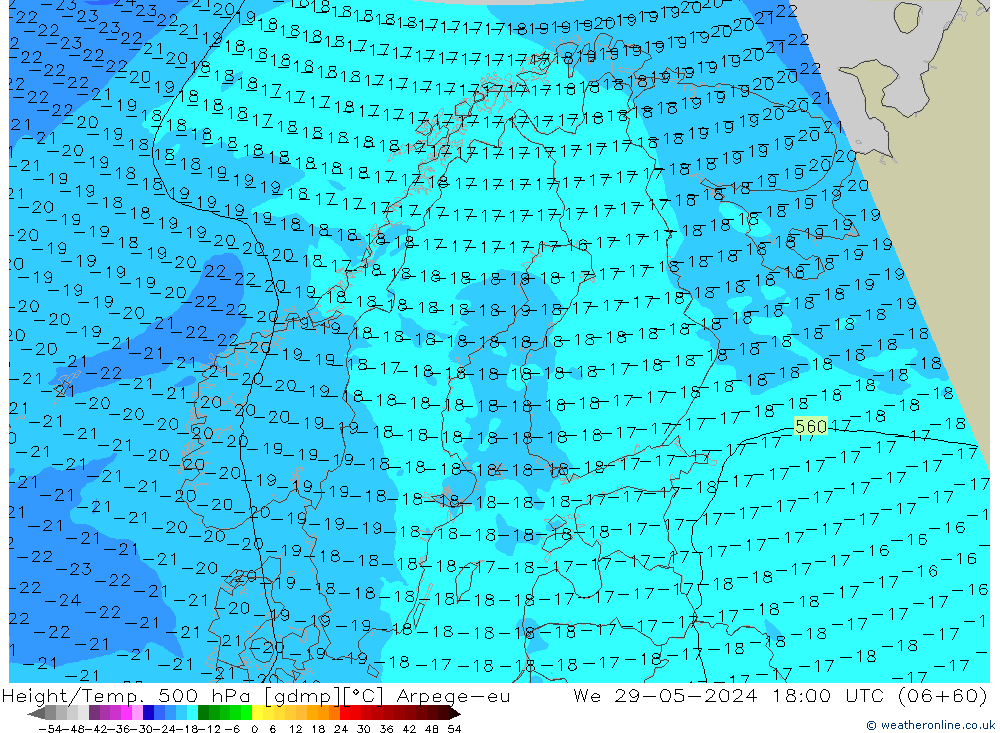 Height/Temp. 500 hPa Arpege-eu Qua 29.05.2024 18 UTC