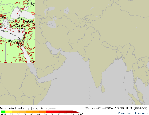 Max. wind velocity Arpege-eu We 29.05.2024 18 UTC