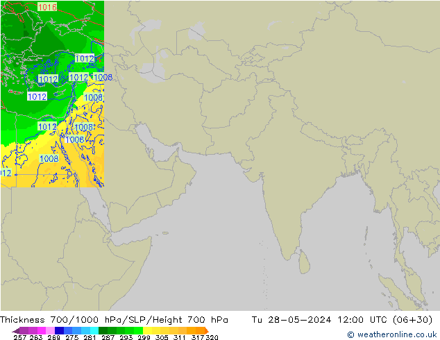 Thck 700-1000 гПа Arpege-eu вт 28.05.2024 12 UTC