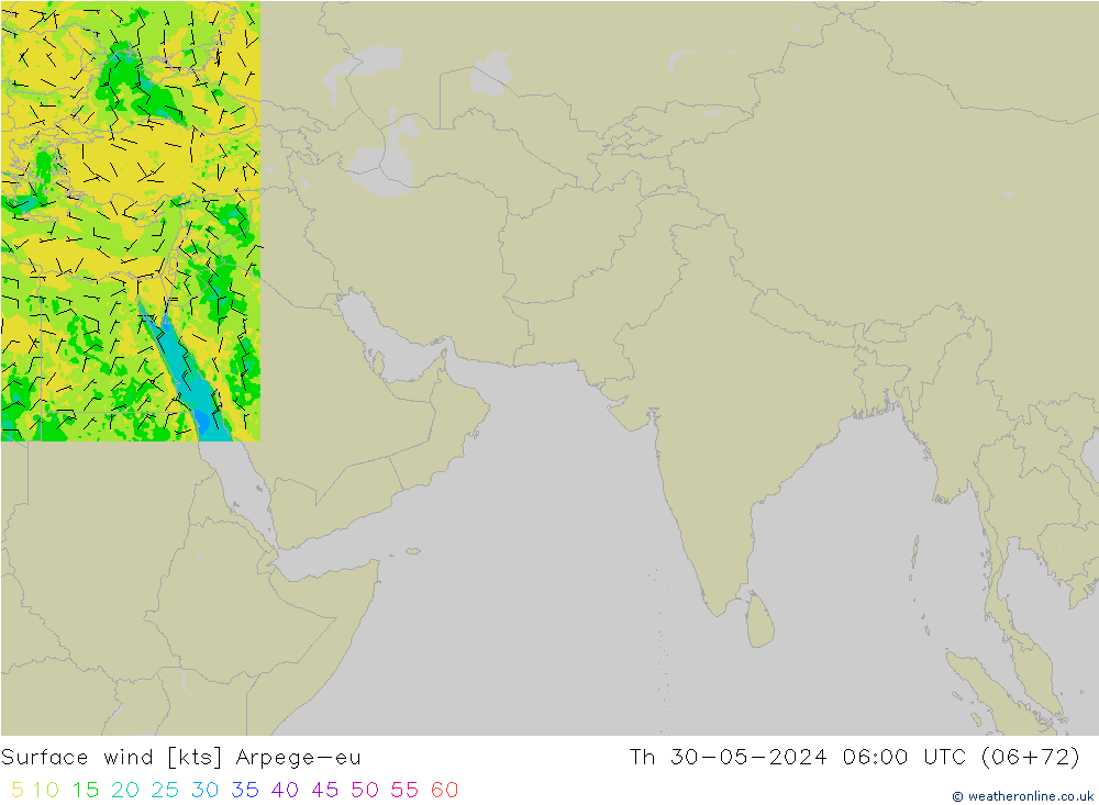 Surface wind Arpege-eu Čt 30.05.2024 06 UTC