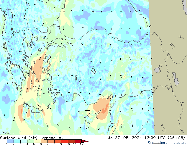Surface wind (bft) Arpege-eu Mo 27.05.2024 12 UTC
