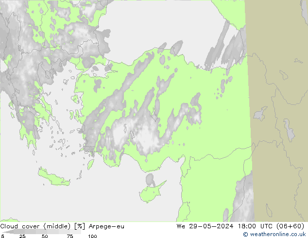 Cloud cover (middle) Arpege-eu We 29.05.2024 18 UTC