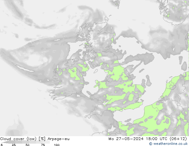 Cloud cover (low) Arpege-eu Mo 27.05.2024 18 UTC