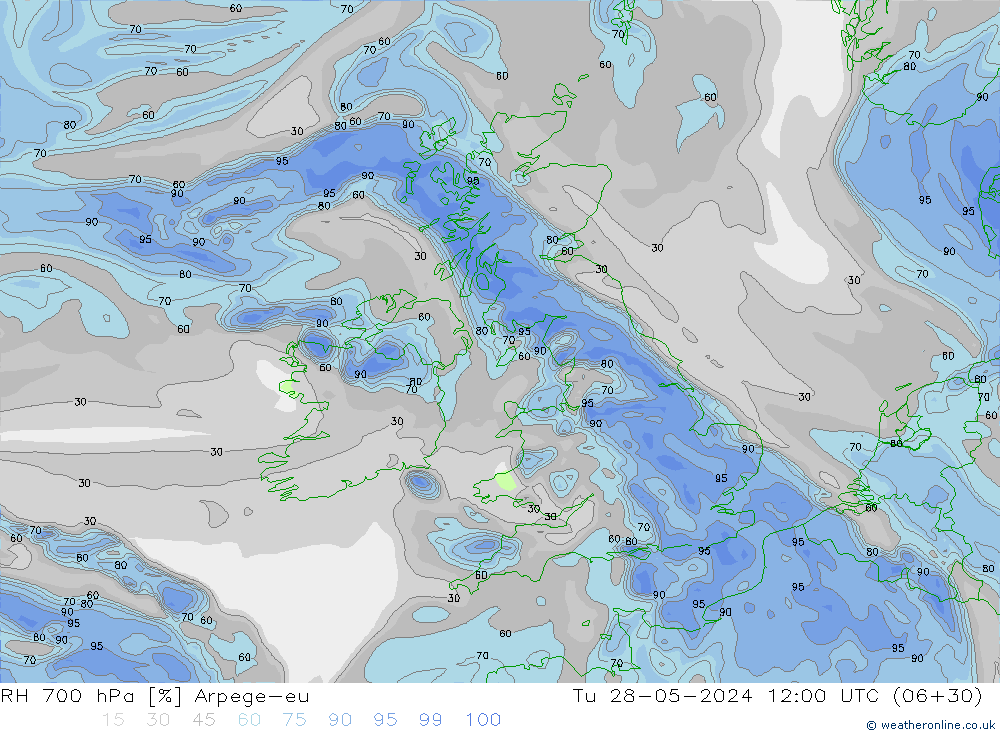 RH 700 hPa Arpege-eu wto. 28.05.2024 12 UTC