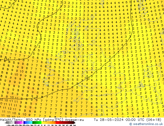 Height/Temp. 850 гПа Arpege-eu вт 28.05.2024 00 UTC