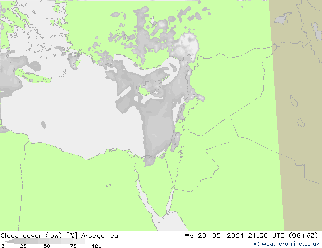 Cloud cover (low) Arpege-eu We 29.05.2024 21 UTC