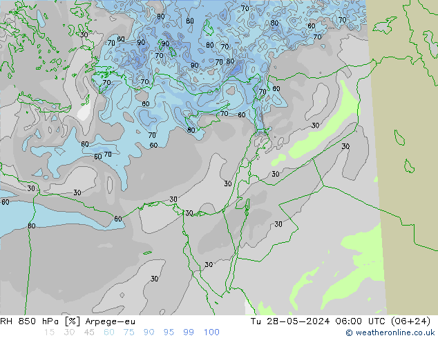 RH 850 hPa Arpege-eu wto. 28.05.2024 06 UTC