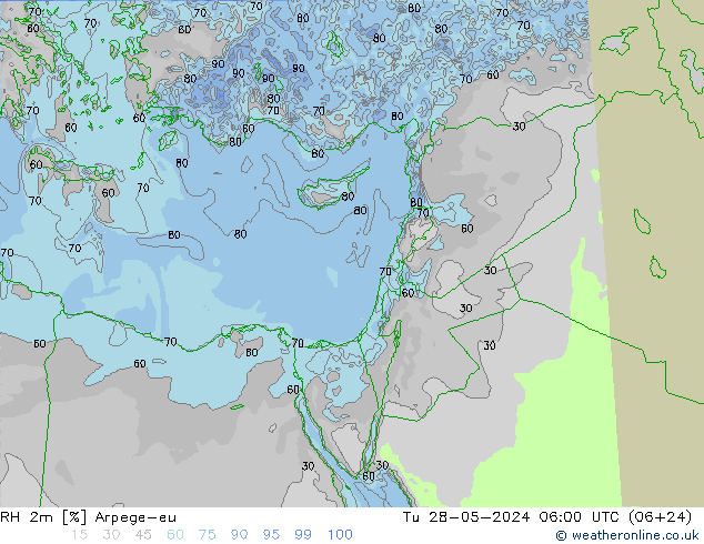 RH 2m Arpege-eu wto. 28.05.2024 06 UTC