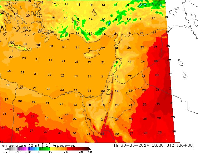 Temperatuurkaart (2m) Arpege-eu do 30.05.2024 00 UTC