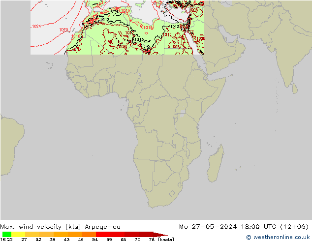 Max. wind velocity Arpege-eu lun 27.05.2024 18 UTC