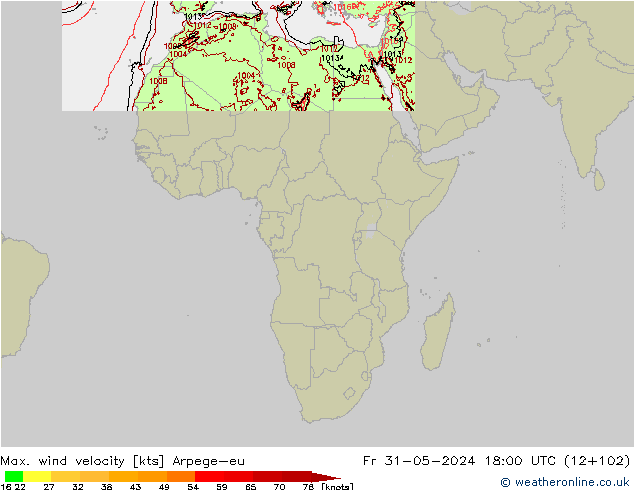 Max. wind velocity Arpege-eu Sex 31.05.2024 18 UTC