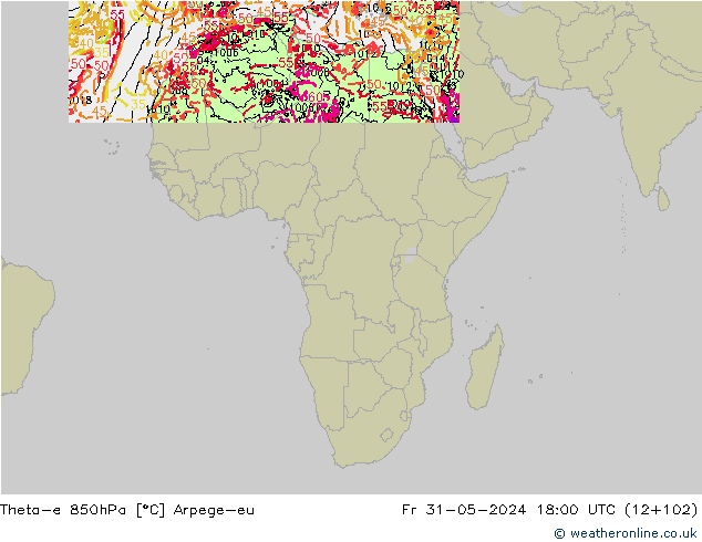 Theta-e 850hPa Arpege-eu ven 31.05.2024 18 UTC