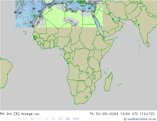 Humedad rel. 2m Arpege-eu jue 30.05.2024 12 UTC